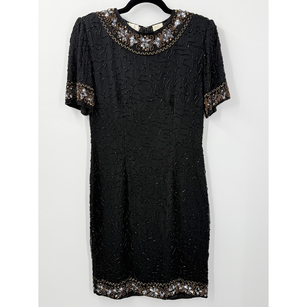 Vtg 90s Stenay Dress Womens 4 Glam Holiday Party Evening Beaded Silk Black